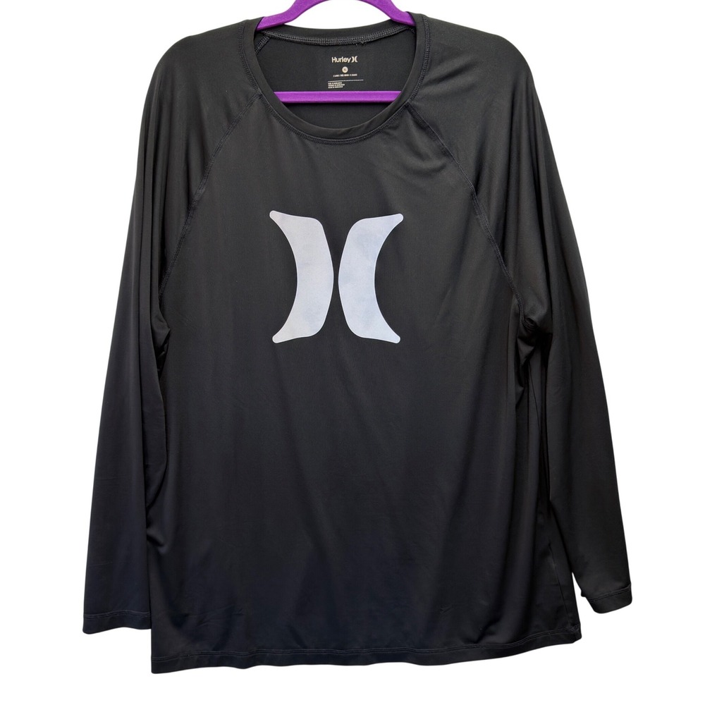 Hurley Mens XL Rash Guard Long Sleeve Black Performance Swim Shirt Logo Raglan